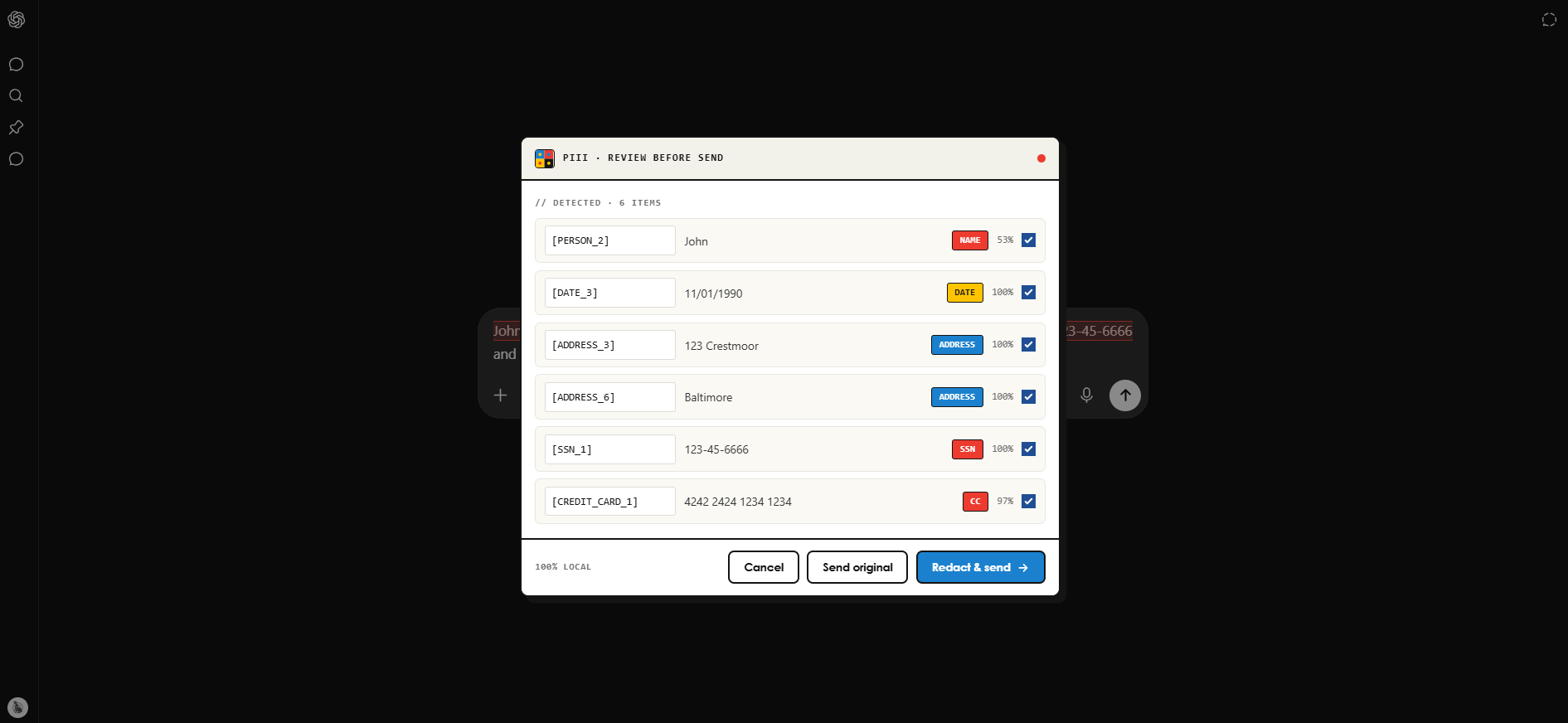 ChatGPT redaction popup showing detected PII with alias suggestions