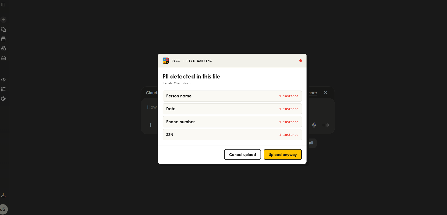 Claude file upload dialog warning about PII in a .docx file