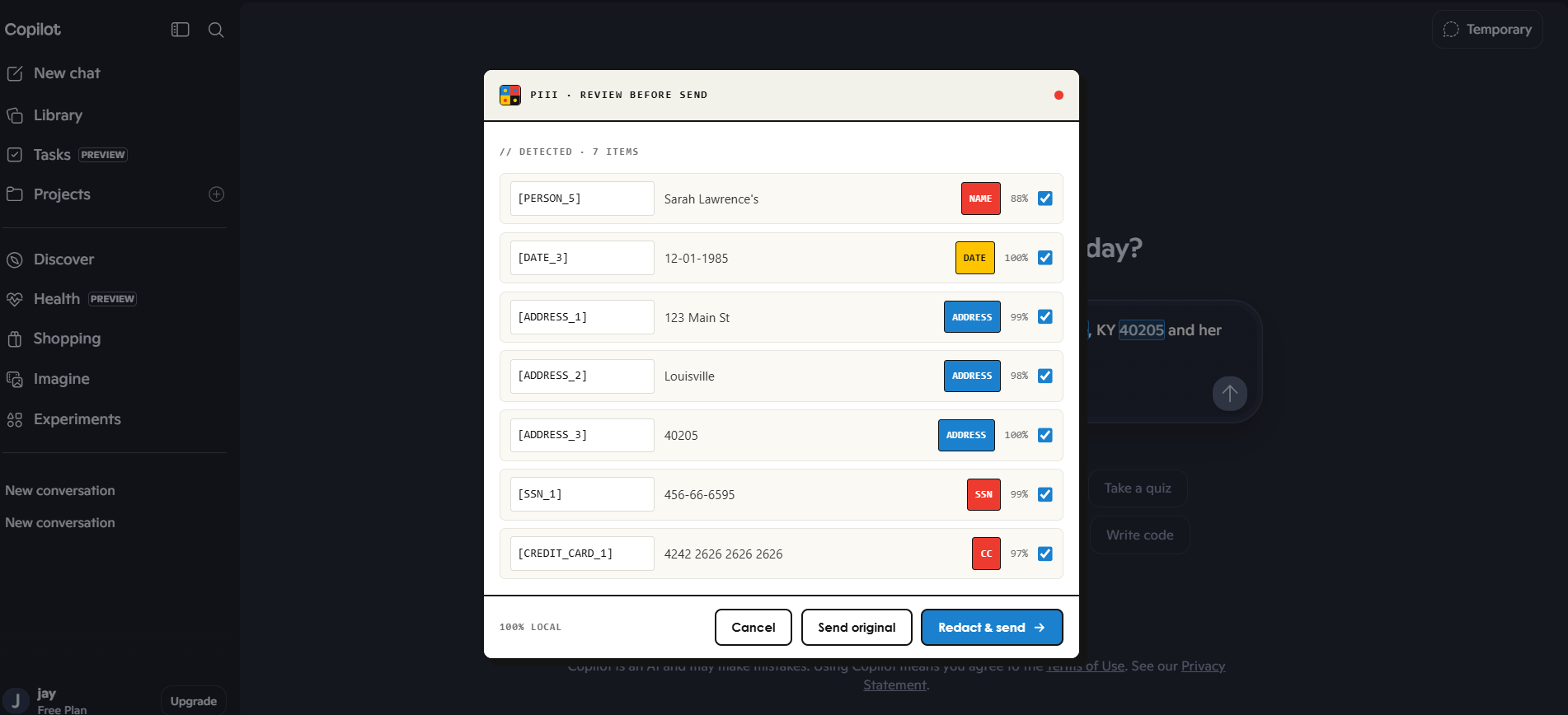Copilot chat with redacted prompt using alias placeholders