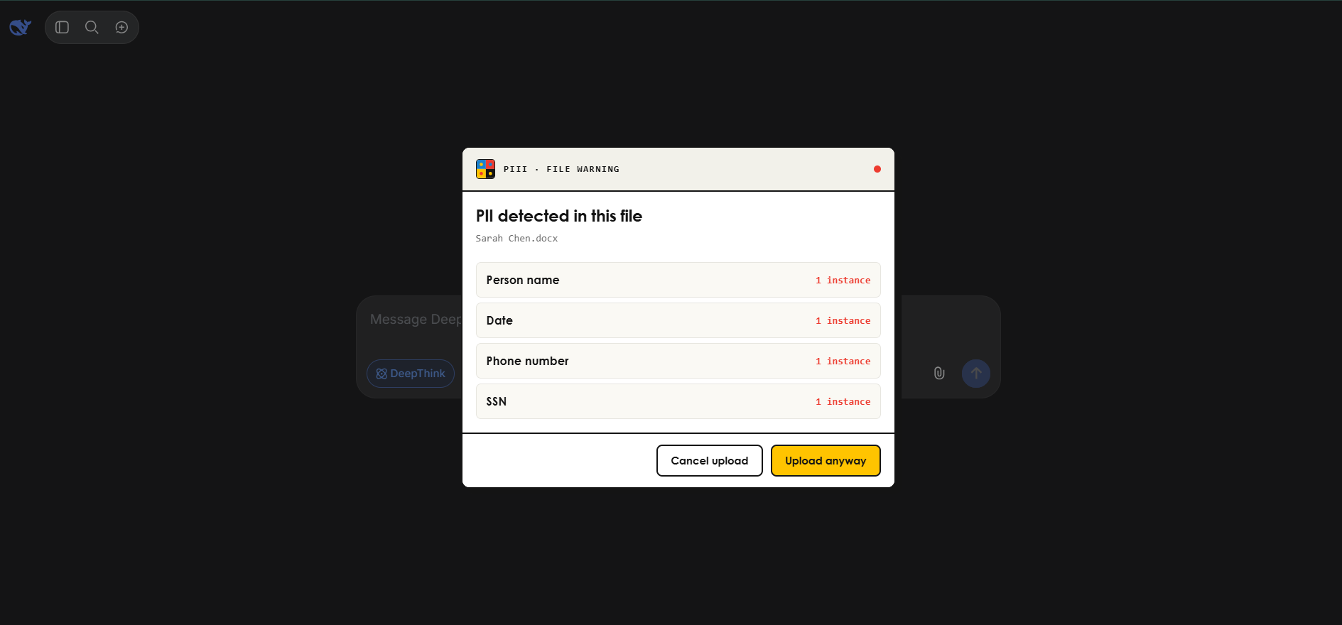 DeepSeek file upload warning showing PII types found