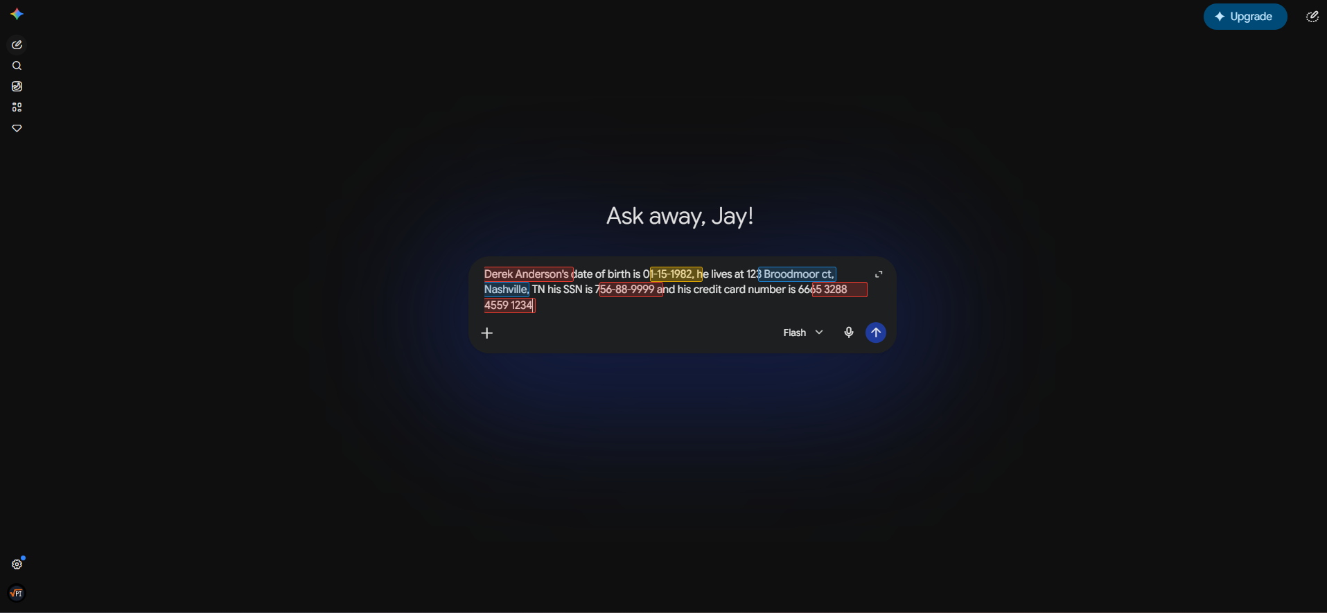Gemini interface with colored highlights over detected PII