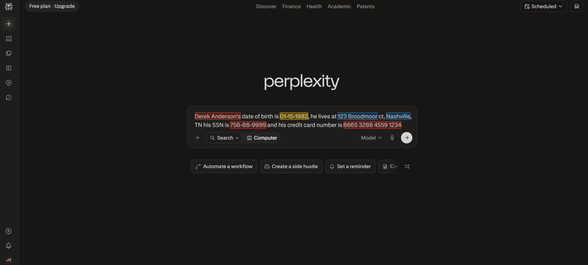 Perplexity search with PII highlighted in the query box
